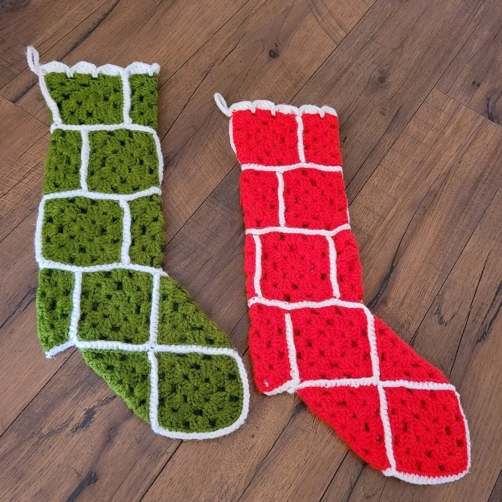 Vintage 70's Christmas Granny Square Handmade Stockings Set of 2